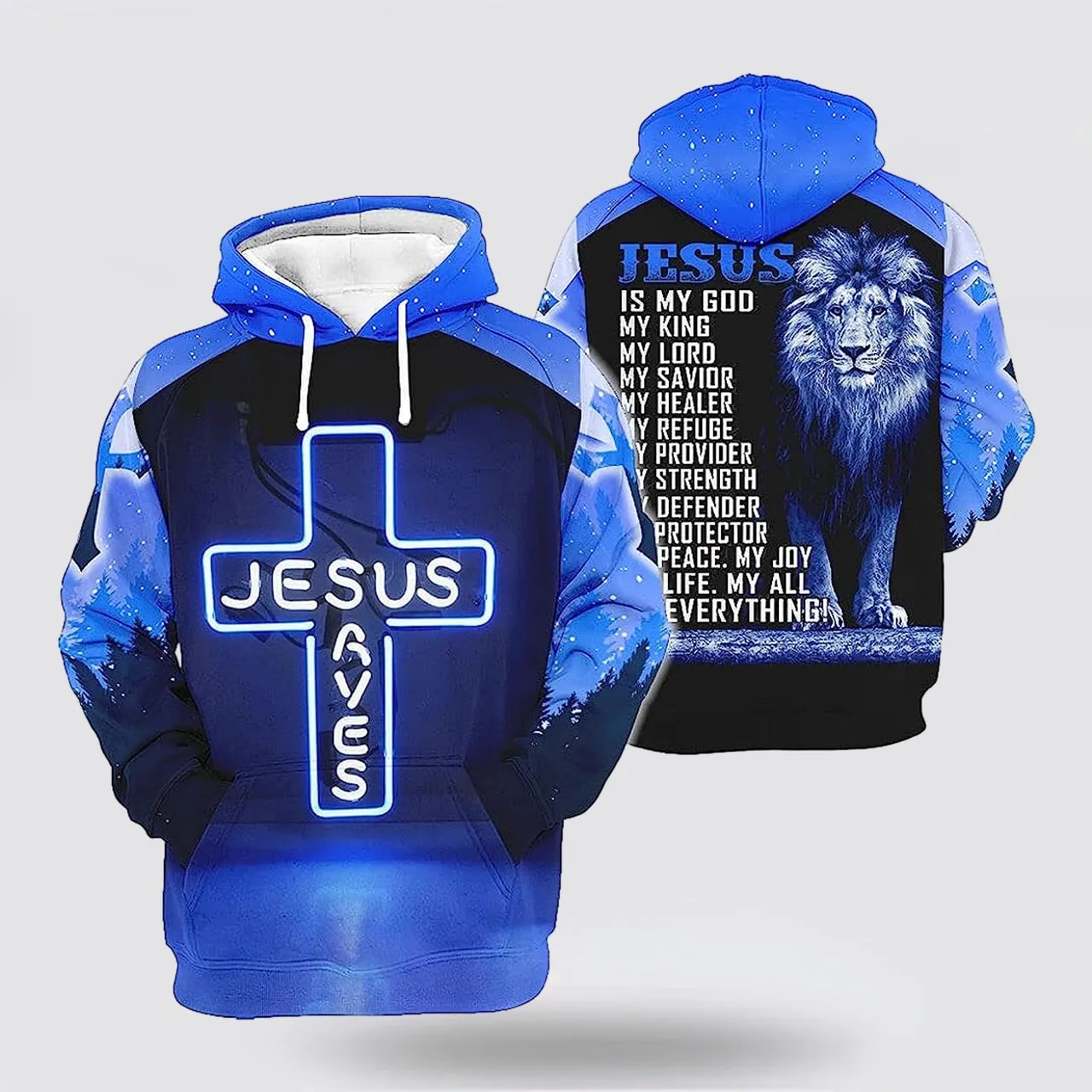 Jesus Save The Lion Blue 3d Hoodies For Women Men - Christian Apparel Hoodies