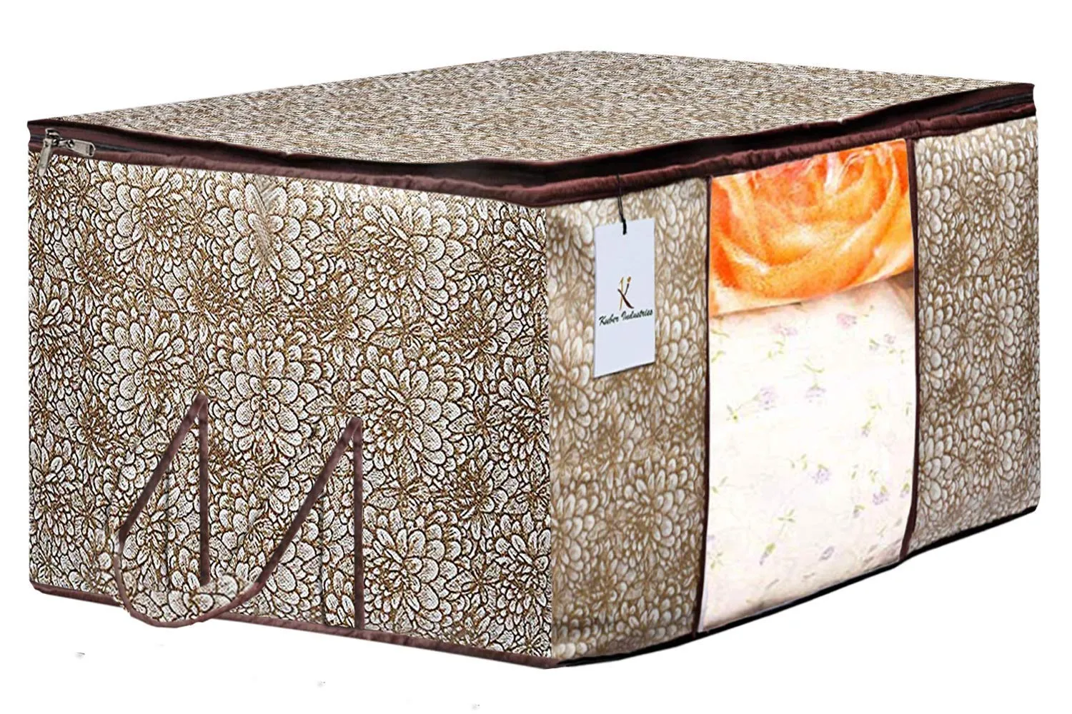 Kuber Industries Metalic Printed 2 Piece Non Woven Saree Cover And 2 Pieces Underbed Storage Bag, Storage Organiser, Blanket Cover, Golden Brown & Gold -CTKTC42385