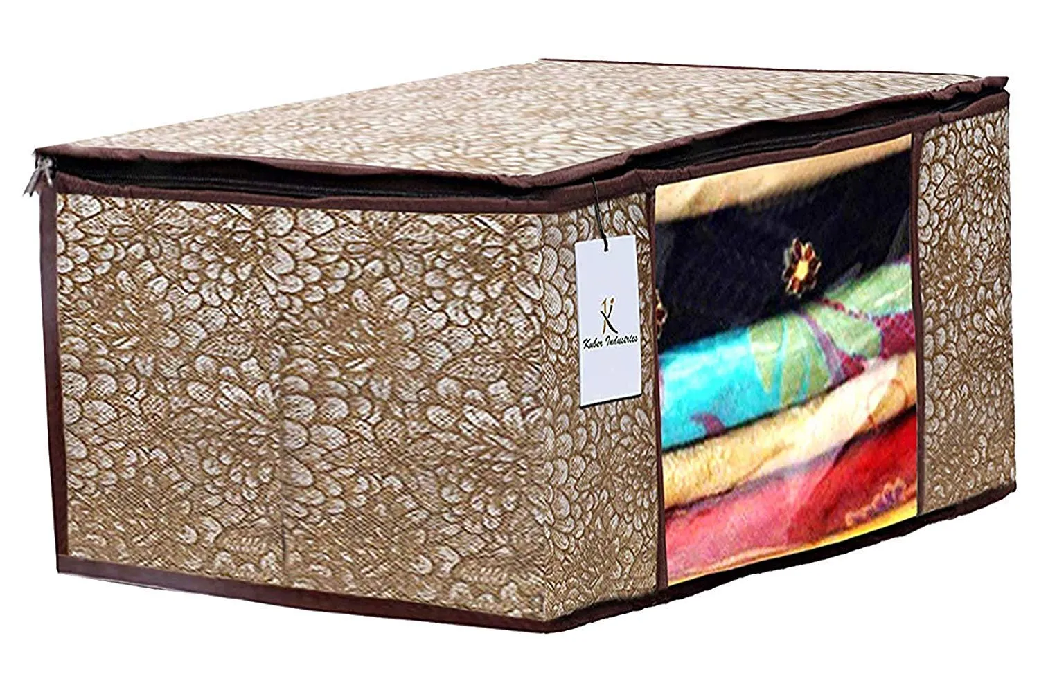 Kuber Industries Metalic Printed 3 Piece Non Woven Saree Cover and 3 Pieces Underbed Storage Bag, Storage Organiser, Blanket Cover, Brown & Golden Brown & Ivory Red -CTKTC42402