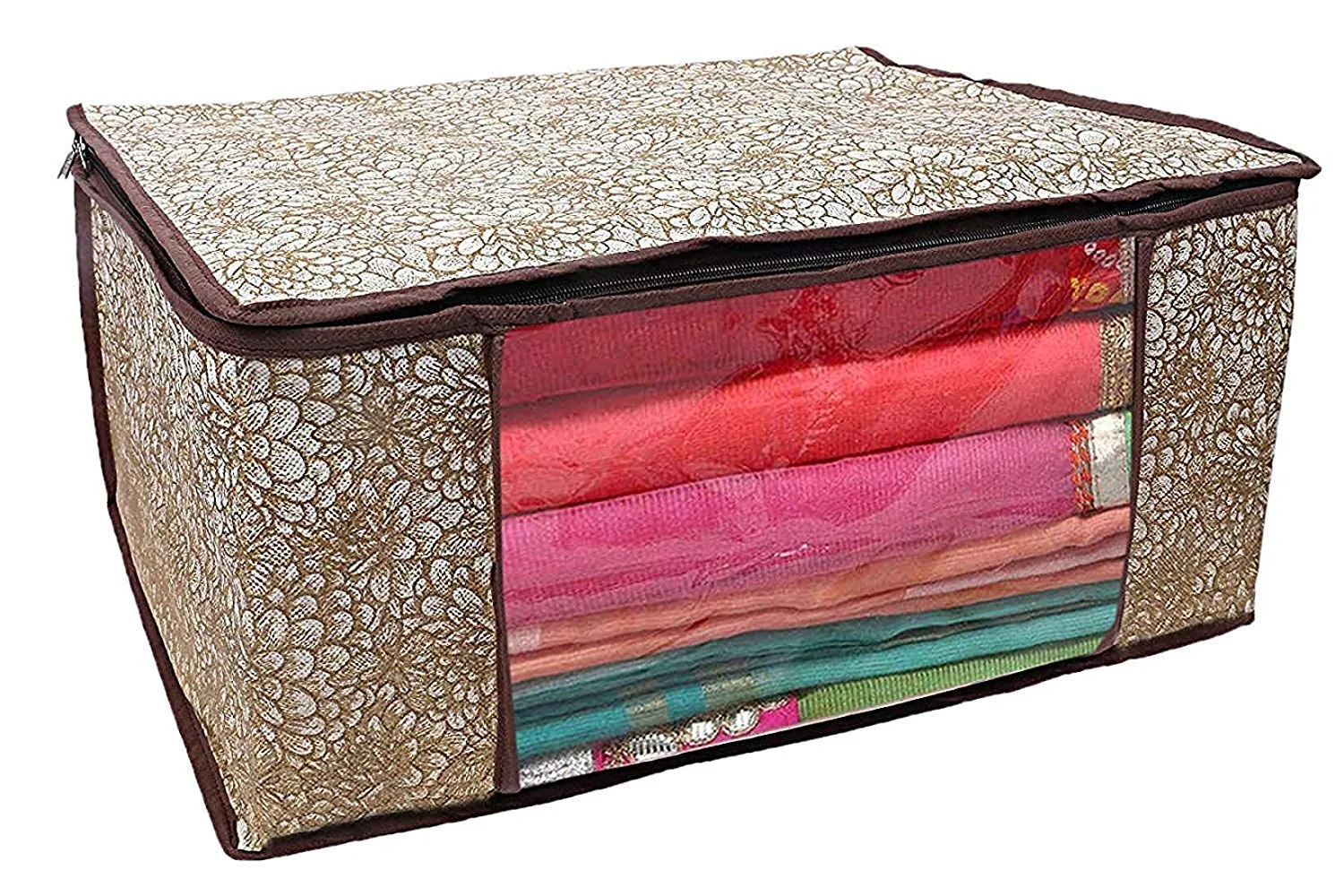 Kuber Industries Metalic Printed 3 Piece Non Woven Saree Cover and 3 Pieces Underbed Storage Bag, Storage Organiser, Blanket Cover, Pink Purple & Golden Brown & Beige -CTKTC42406