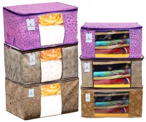 Kuber Industries Metalic Printed 3 Piece Non Woven Saree Cover and 3 Pieces Underbed Storage Bag, Storage Organiser, Blanket Cover, Pink Purple & Golden Brown & Beige -CTKTC42406