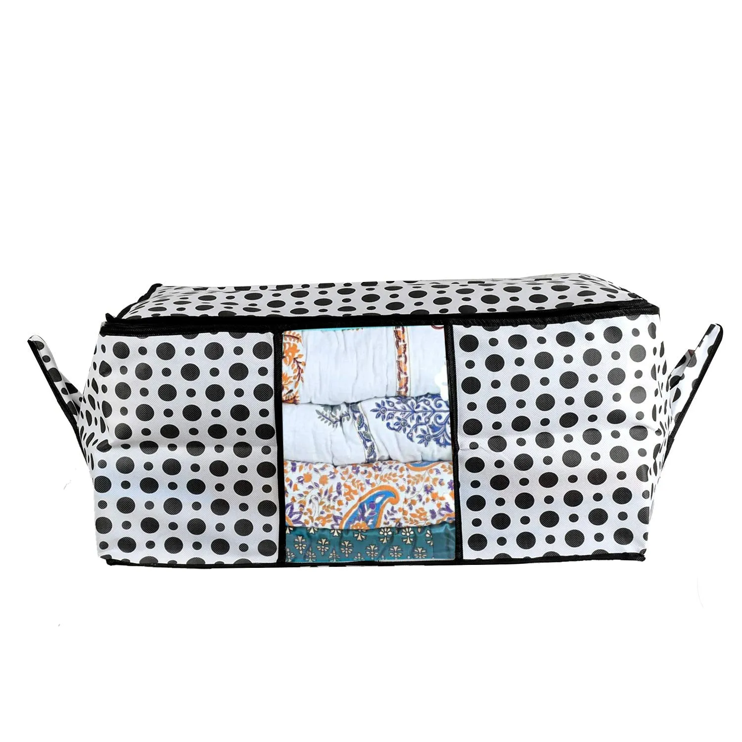 Kuber Industries Polka Dots Design Non Woven Underbed Storage Bag, Cloth Organiser, Blanket Cover with Transparent Window (Black & White) -CTKTC38100