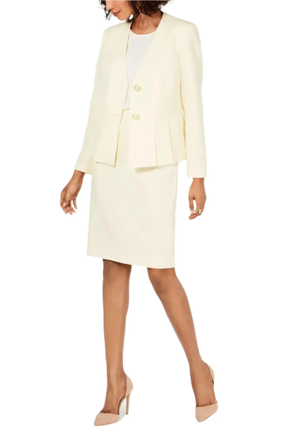 Le Suit Collarless 2 Button Long Sleeve Jacket Mid Waist Zipper Hook & Eye Closure Crepe Suit 2 Piece Set