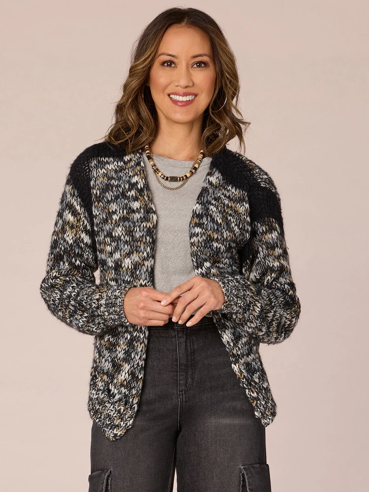 Long Sleeve Open Front Sweater Cardigan with Metallic Yarn