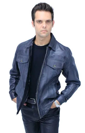 Men's Charcoal Gray Zip Front Leather Jean Jacket #MA241416GY