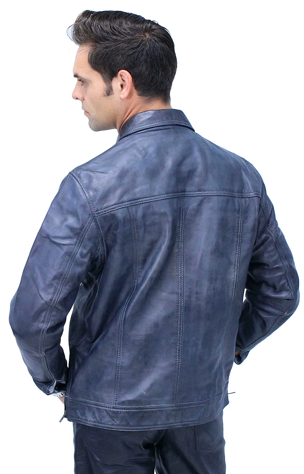 Men's Charcoal Gray Zip Front Leather Jean Jacket #MA241416GY