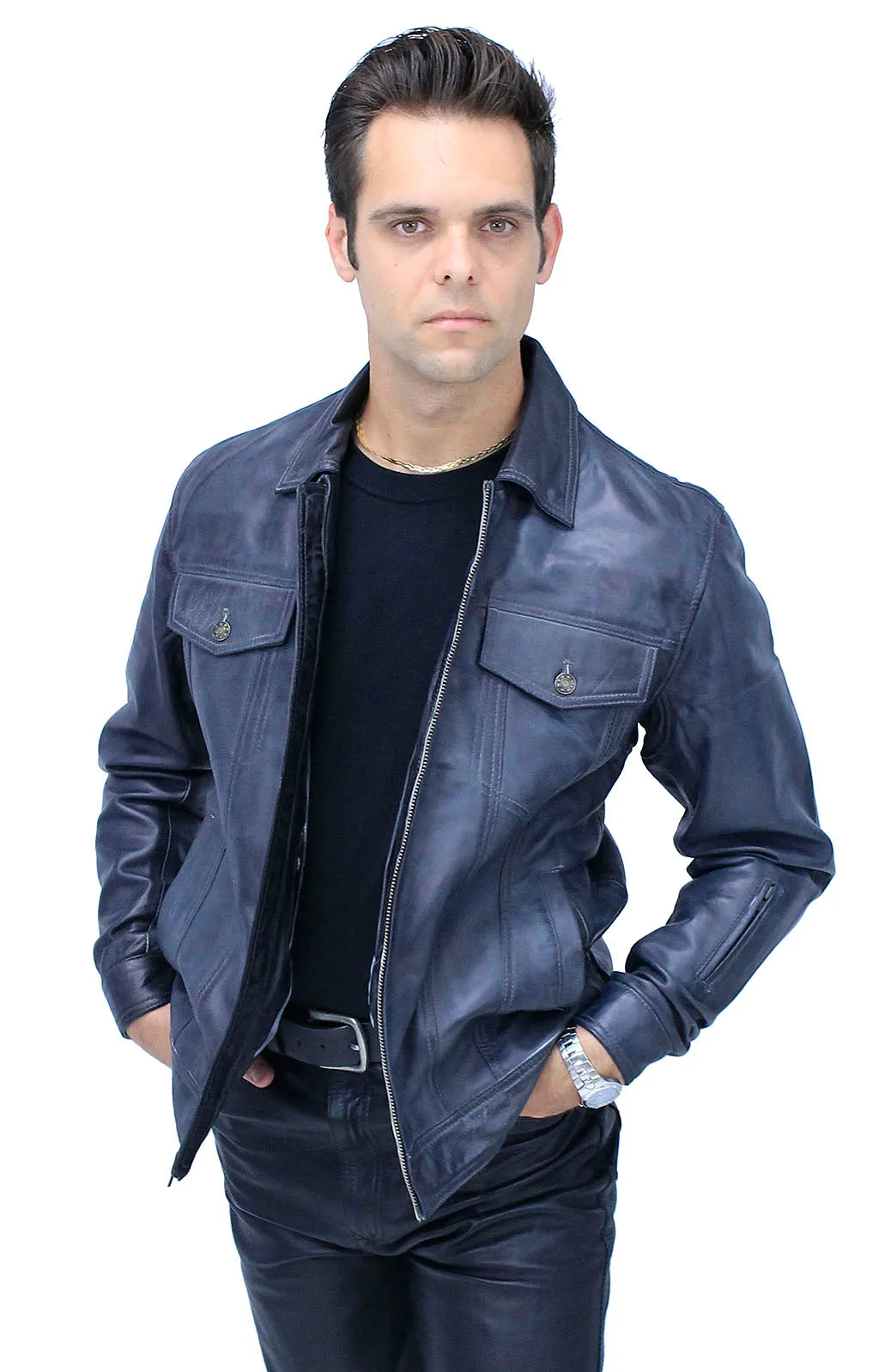 Men's Charcoal Gray Zip Front Leather Jean Jacket #MA241416GY