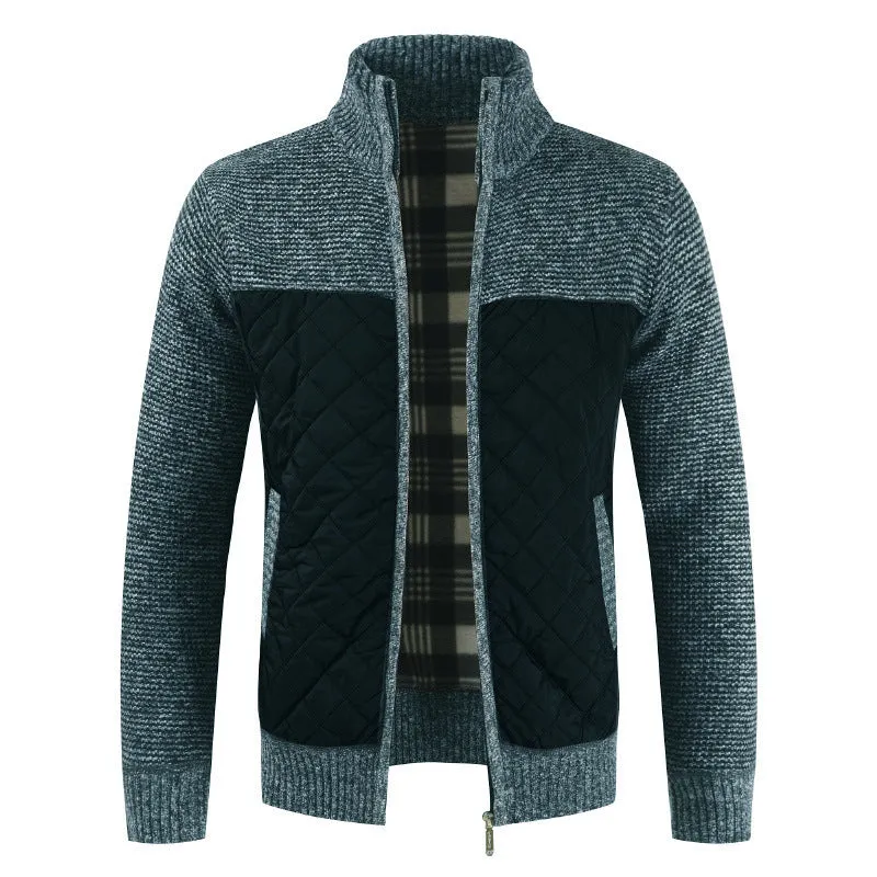 Men's Thick Knitted Cardigan Sweater - Full Zip Stand Collar, Fleece Lined Winter Coat with Patchwork Design