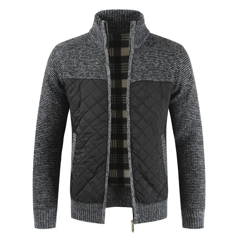 Men's Thick Knitted Cardigan Sweater - Full Zip Stand Collar, Fleece Lined Winter Coat with Patchwork Design