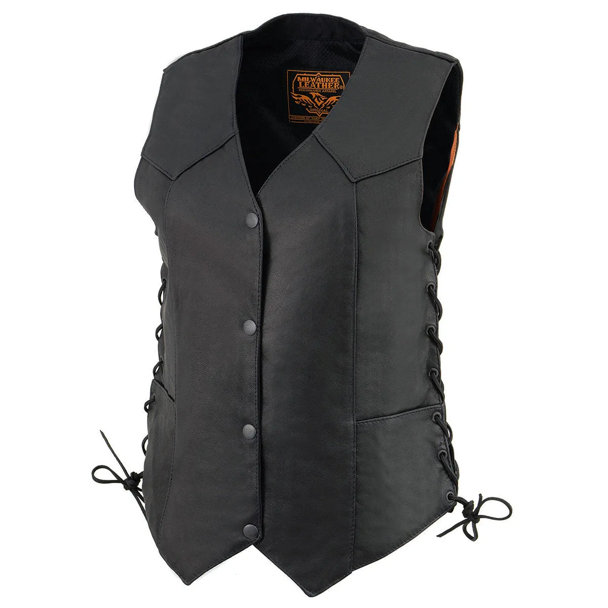 Milwaukee Leather MLL4546 Women's Black Premium Leather Lightweight 4-Snap V-Neck Side Lace Motorcycle Rider Vest