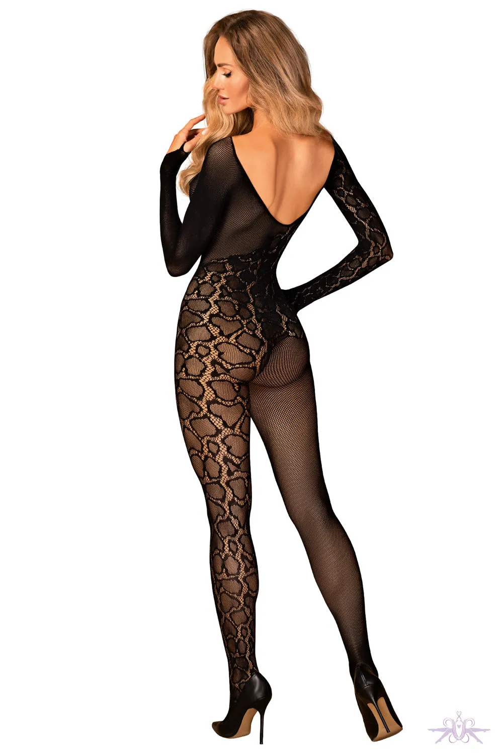 Obsessive Long Sleeved Snake Design Fishnet Bodystocking