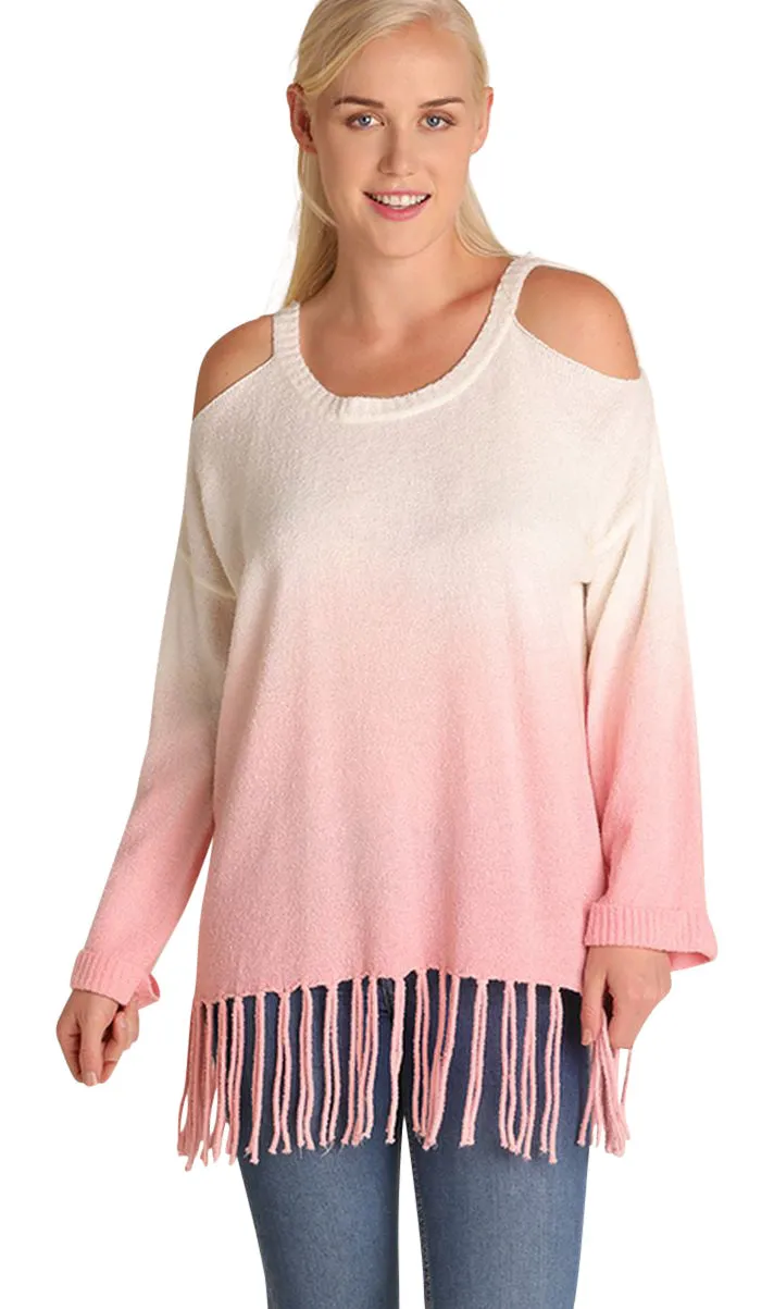 Ombre Cold Shoulder Fringe Sweater, Rose