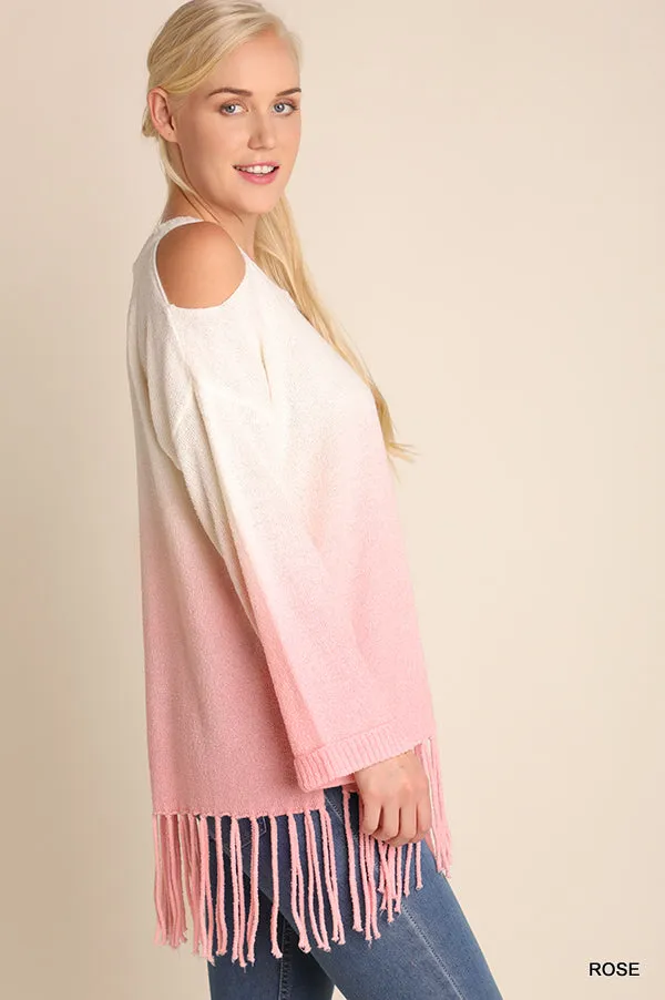 Ombre Cold Shoulder Fringe Sweater, Rose