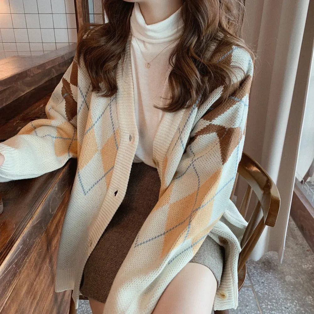 Oversize Autumn Winter Fashion Vintage  Plaid V-Neck Single Breasted Puff Sleeve Loose Cardigan