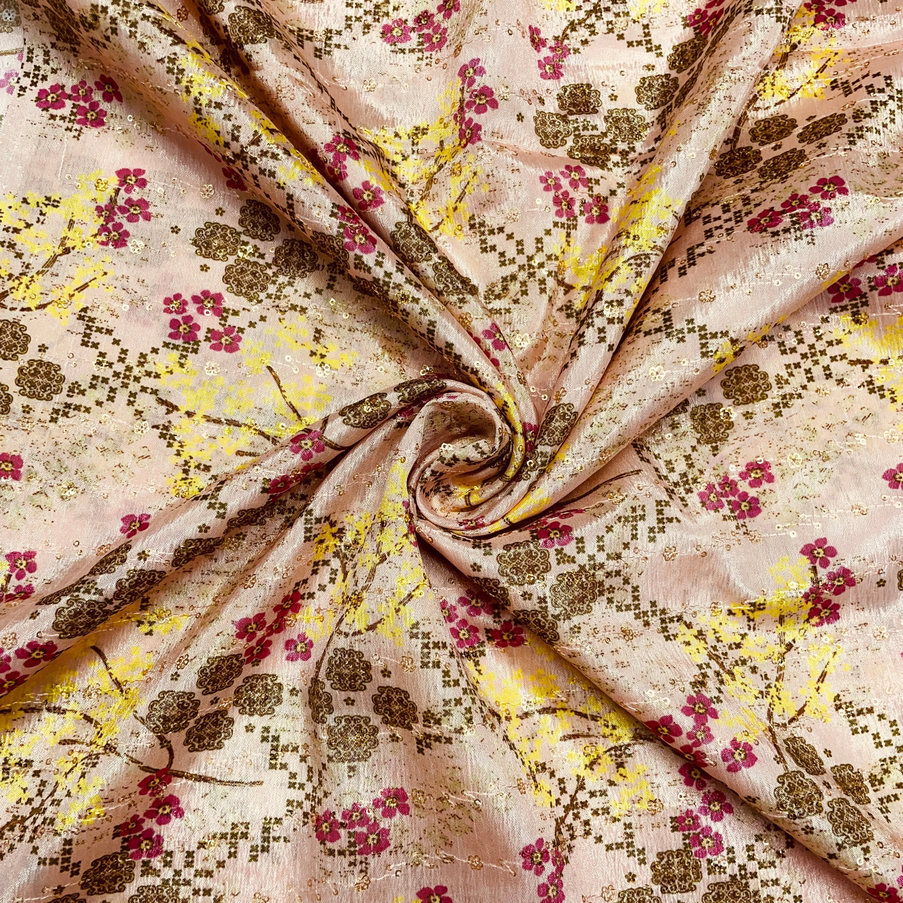 Peach Pink & Multicolor Floral Print Chinon Fabric