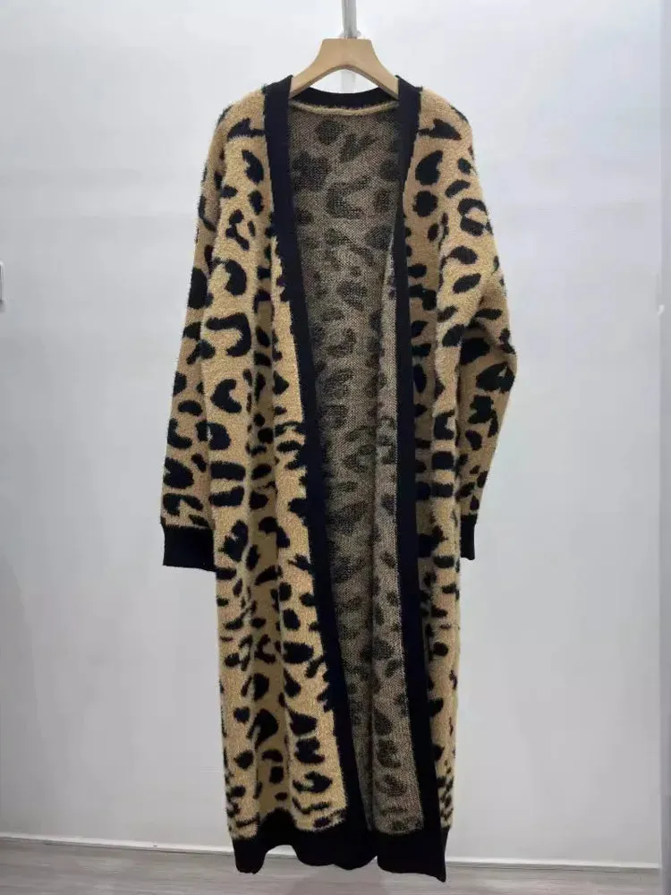 Pre Order: Animal Print Thick Long Loose Knit Cardigan