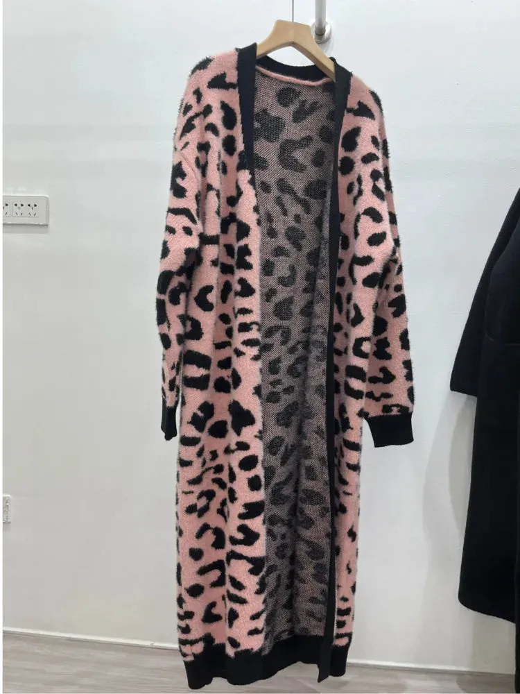 Pre Order: Animal Print Thick Long Loose Knit Cardigan