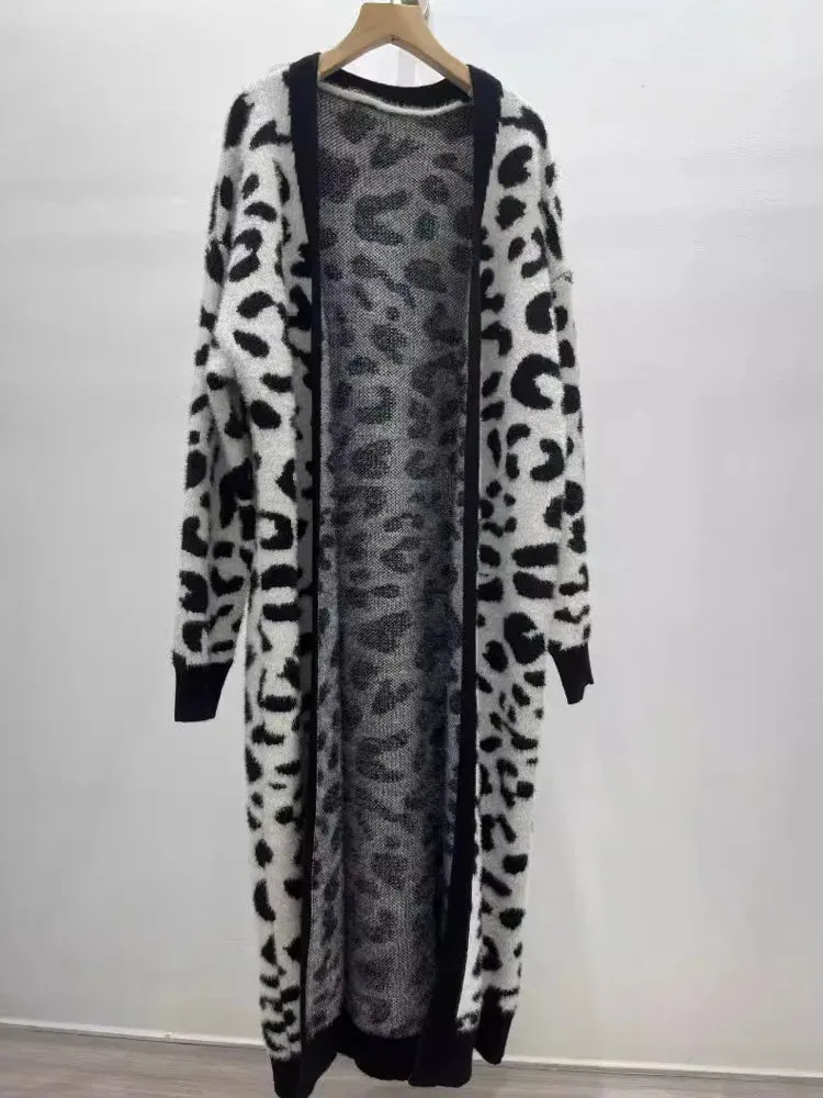 Pre Order: Animal Print Thick Long Loose Knit Cardigan