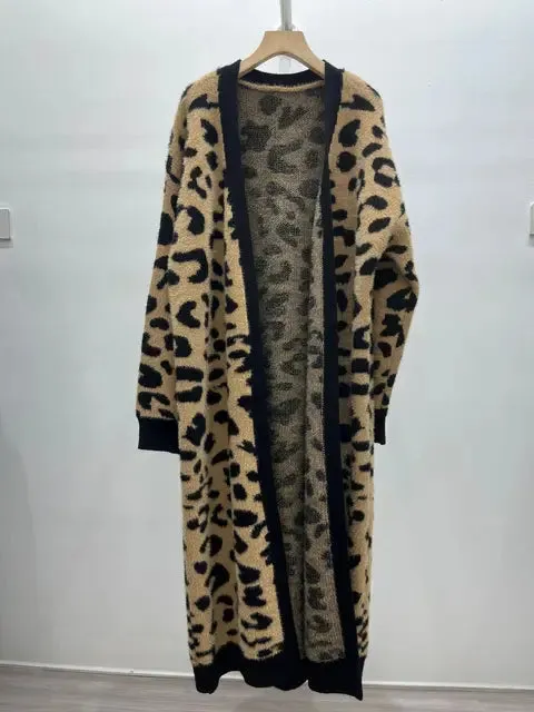 Pre Order: Animal Print Thick Long Loose Knit Cardigan