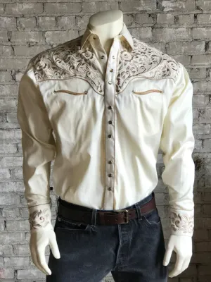 Rockmount Mens Ivory/Tan 100% Cotton Vintage Tooling Western L/S Shirt L