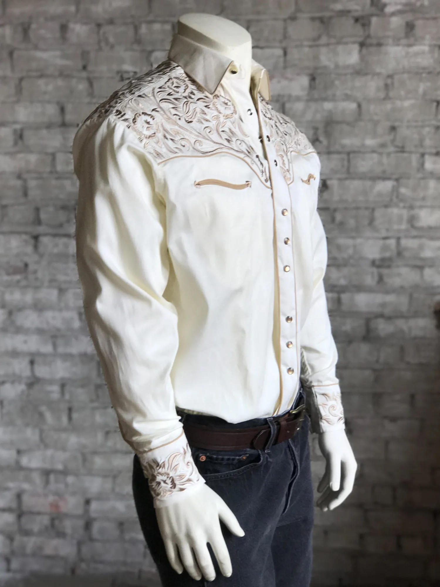 Rockmount Mens Ivory/Tan 100% Cotton Vintage Tooling Western L/S Shirt L