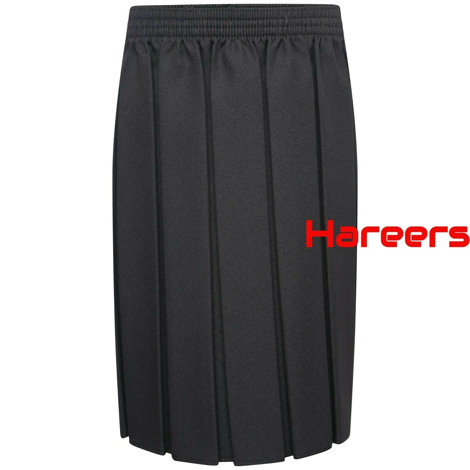 School Uniform Full Box Pleated Elasticated Waist Knee Length Skirt for Girls -Black