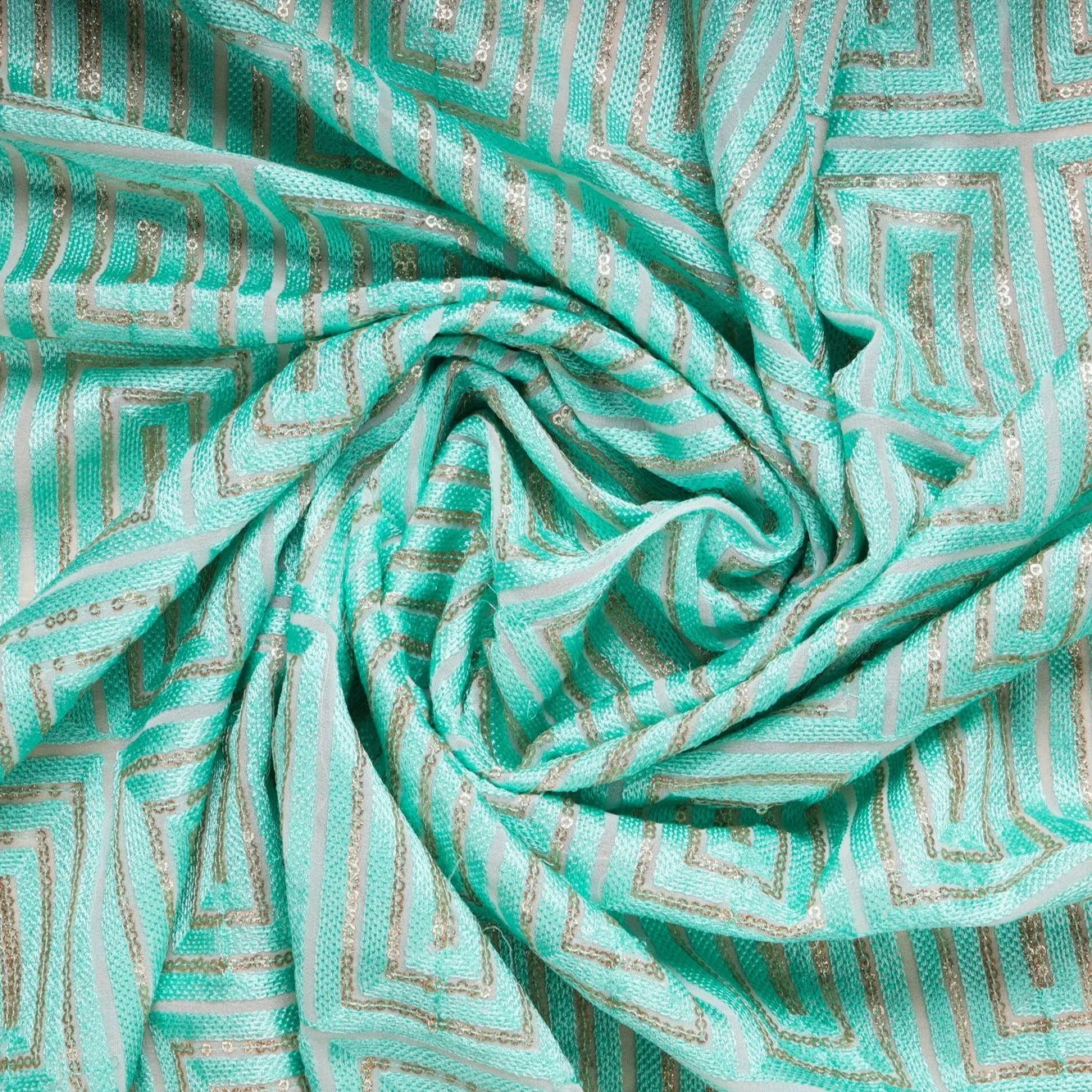 Sea Green Geometrical Embroidery Georgette Fabric