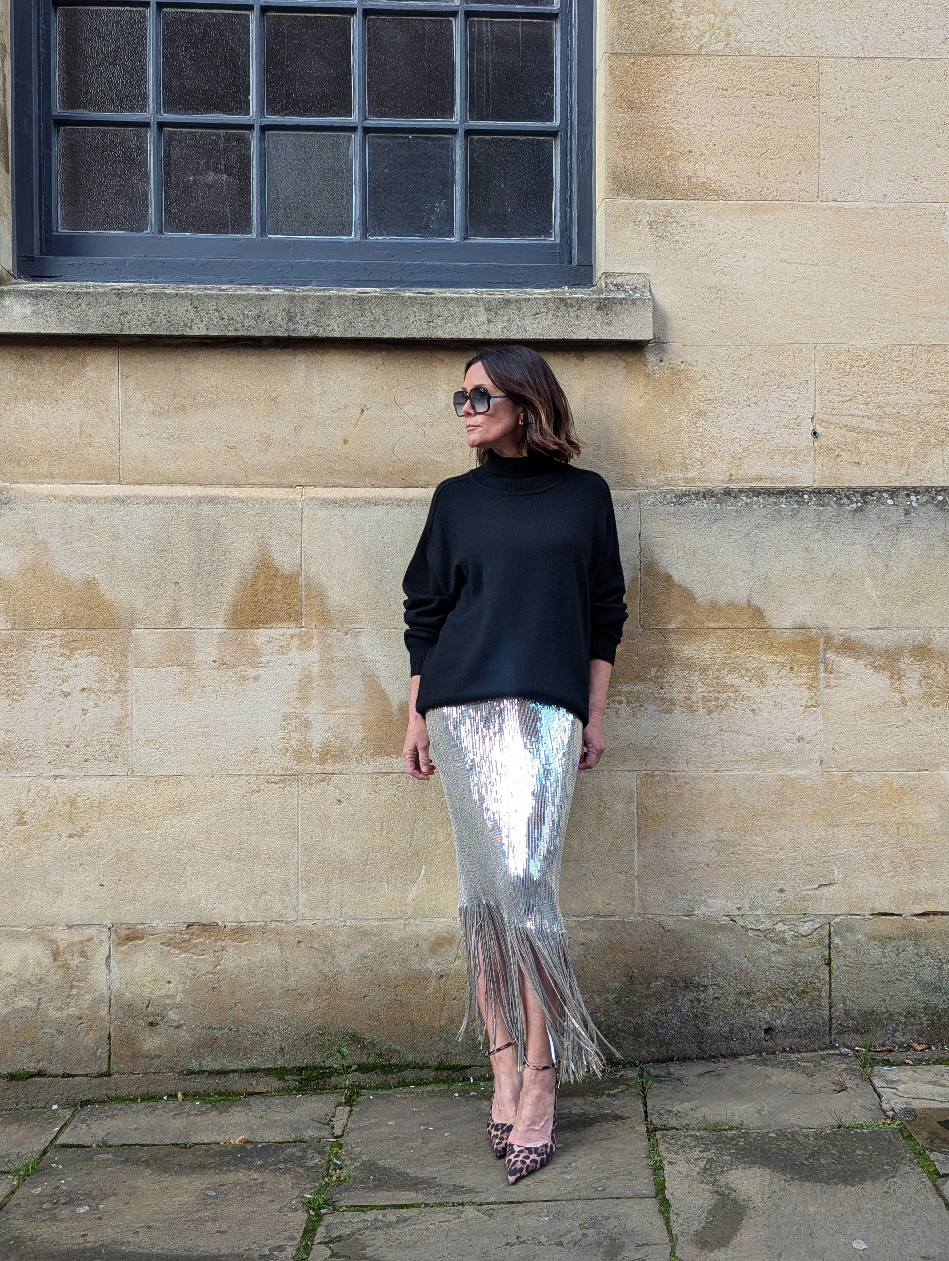 Silver Sequin Fringed Skirt