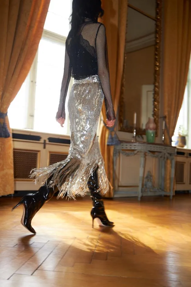 Silver Sequin Fringed Skirt