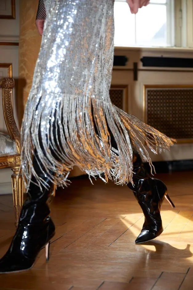 Silver Sequin Fringed Skirt