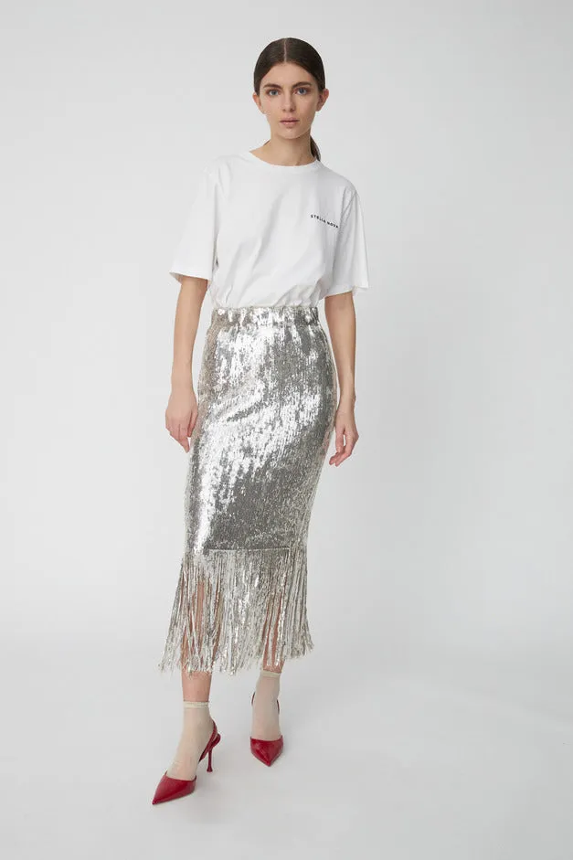 Silver Sequin Fringed Skirt