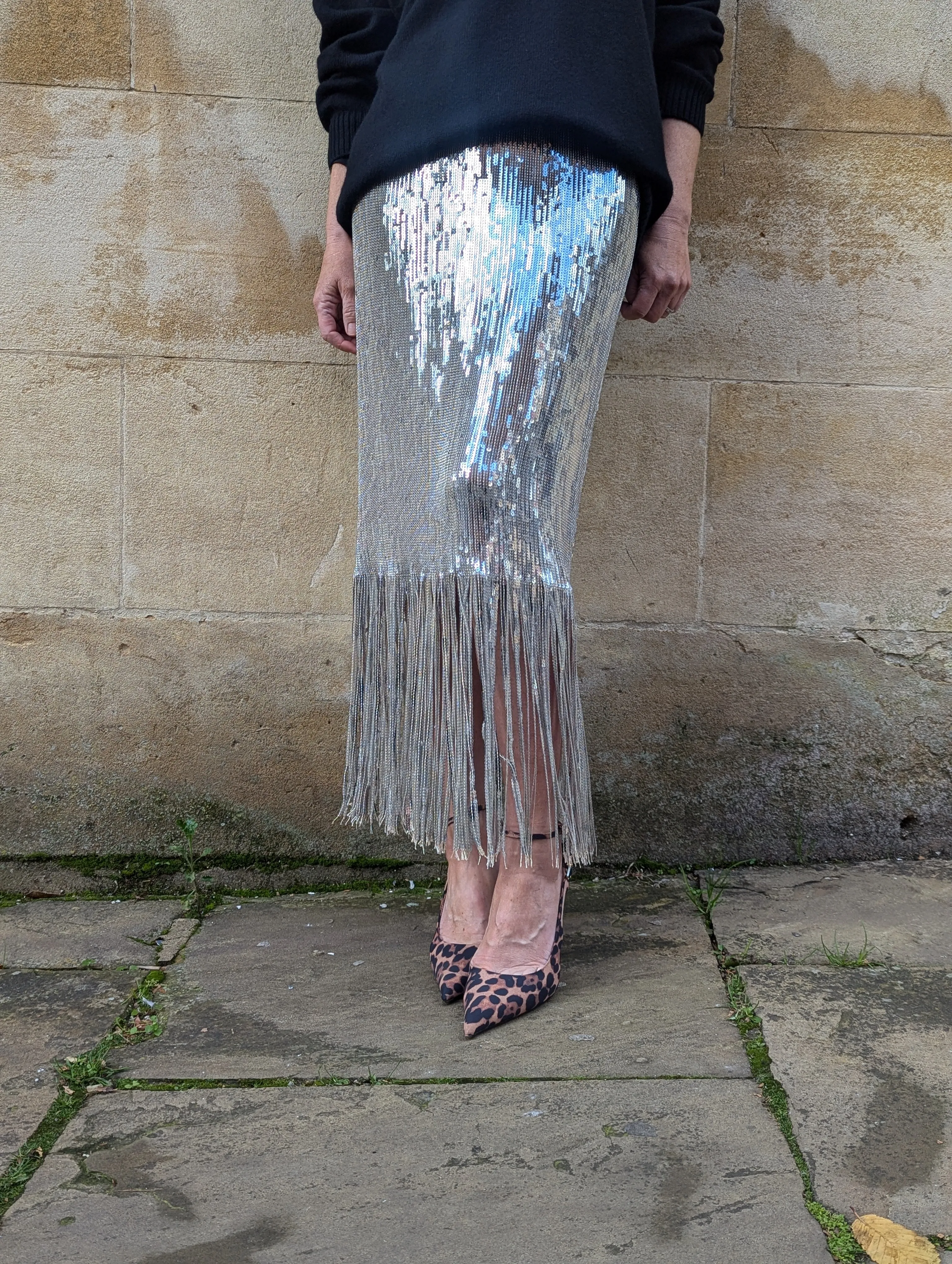 Silver Sequin Fringed Skirt