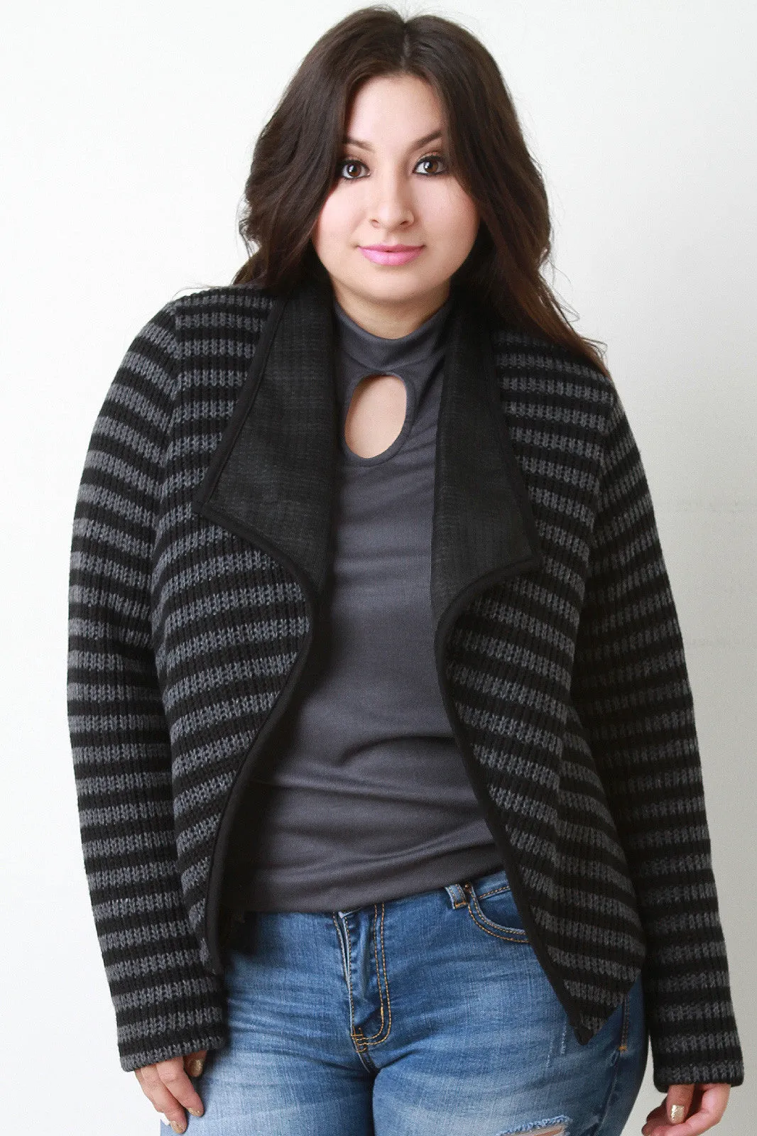 Striped Ribbed Knit Cardigan Sweater