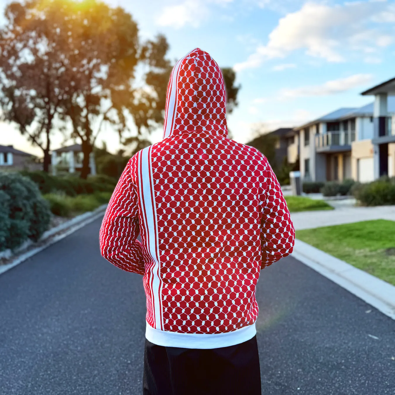 Winter Exclusive: Adult Red & White Keffiyeh Hoodies - First in Australia