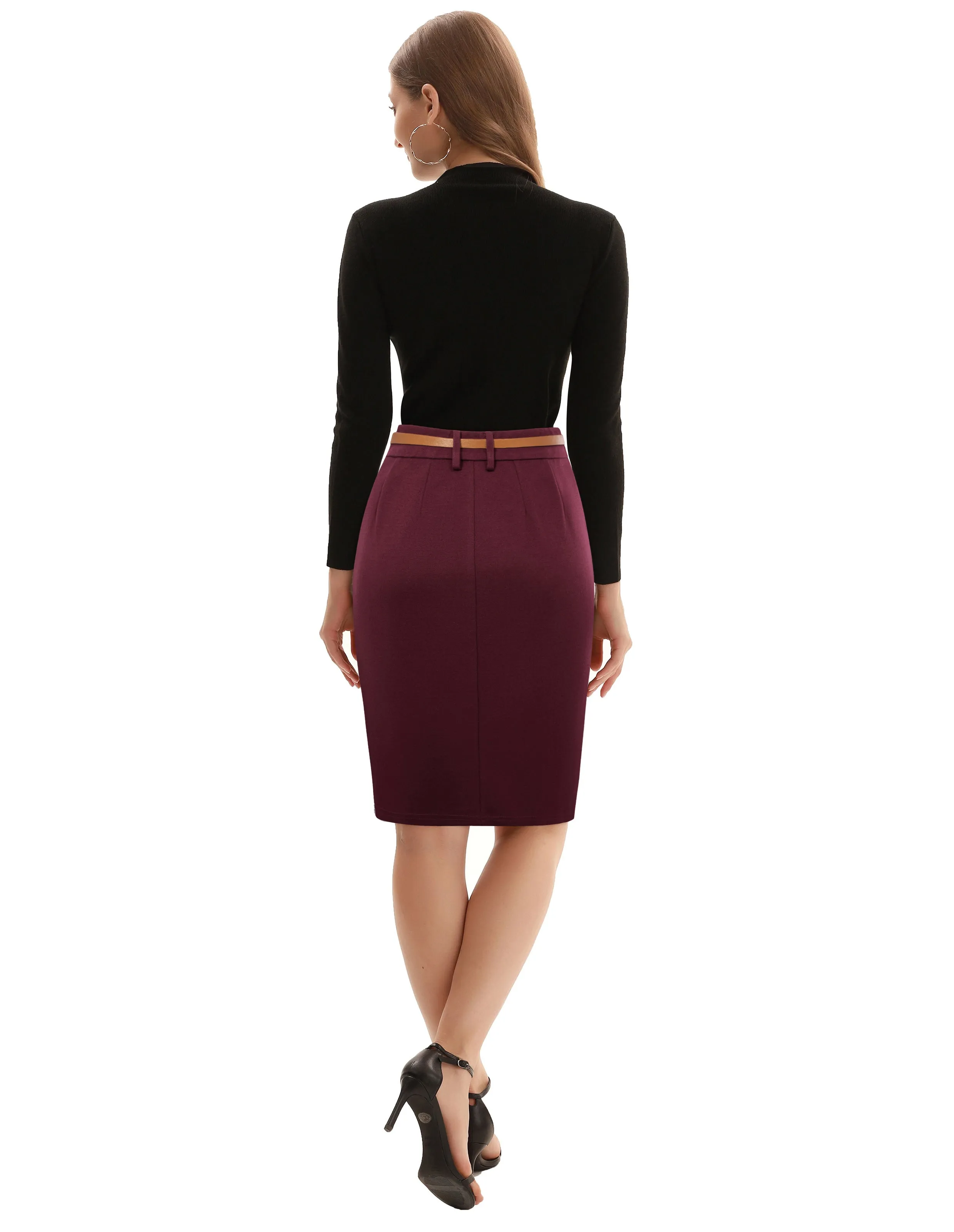 Women's Bodycon Pencil Skirt with Belt Solid Color Hip-Wrapped