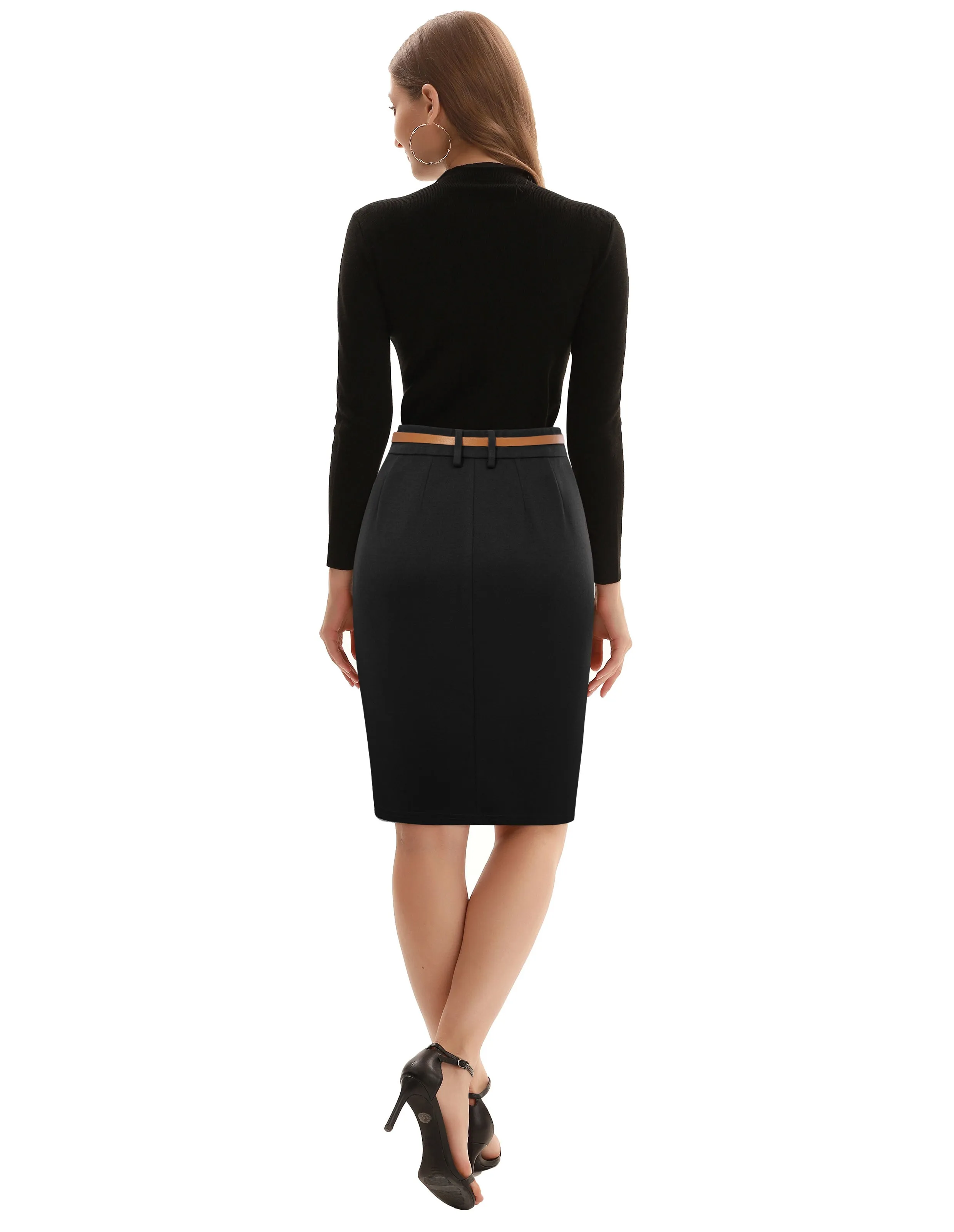 Women's Bodycon Pencil Skirt with Belt Solid Color Hip-Wrapped