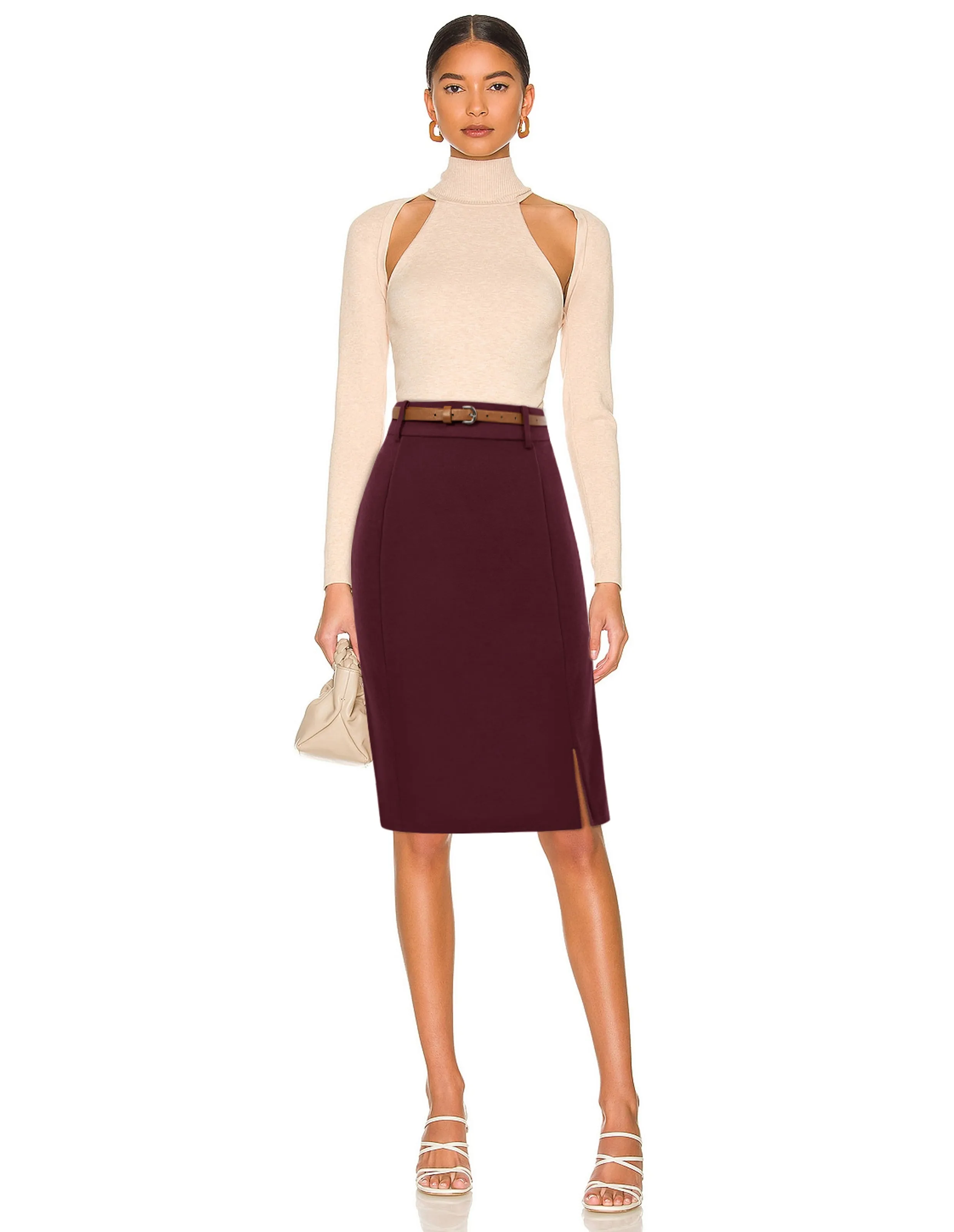 Women's Bodycon Pencil Skirt with Belt Solid Color Hip-Wrapped