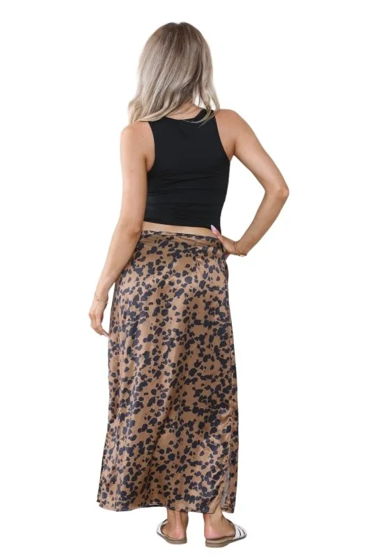 Women’s Brown & Red High Waist Maxi Draped Skirt Summer Long Flared A-Line Slit Wrap Midi Stretch Leopard Animal Print Elegant Summer Streetwear Beach Vacation Outfit