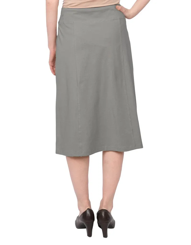 Women's Stretch Cotton Knit Faux Button Front Below the Knee A-Line Skirt