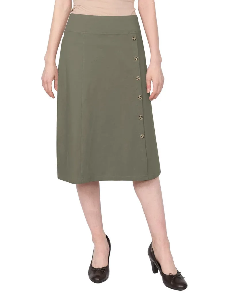 Women's Stretch Cotton Knit Faux Button Front Below the Knee A-Line Skirt