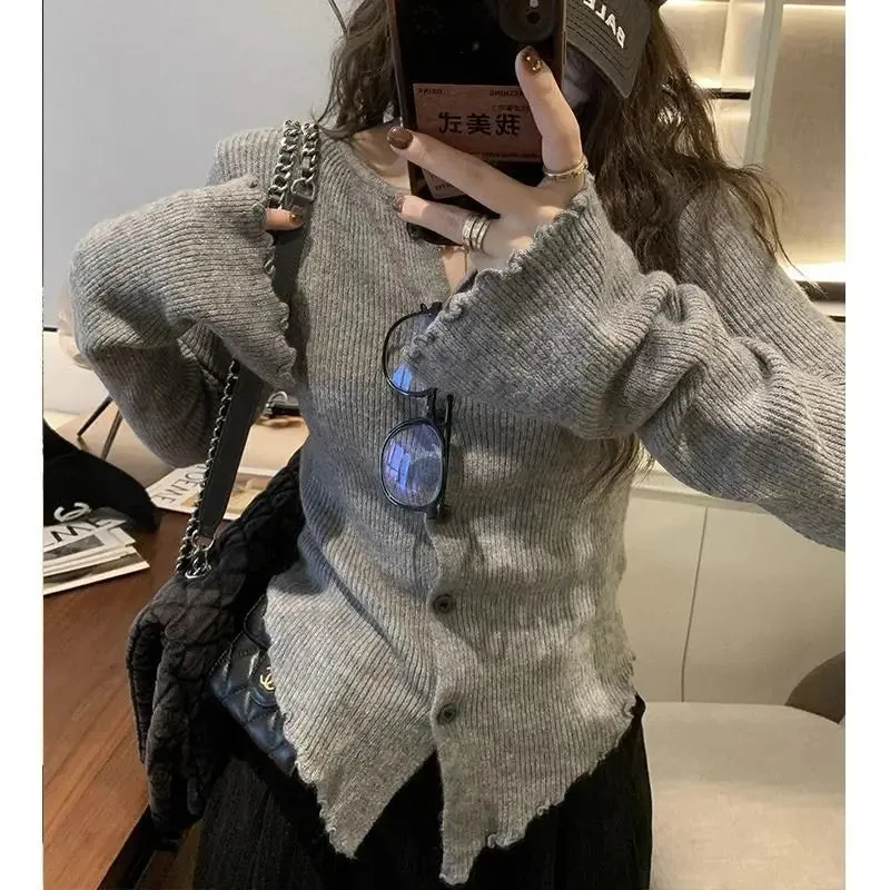 Y2k Vintage Grey Harajuku Long Sleeve Irregular Slim Casual Cardigan