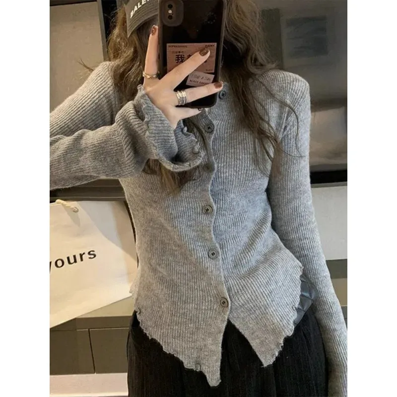 Y2k Vintage Grey Harajuku Long Sleeve Irregular Slim Casual Cardigan